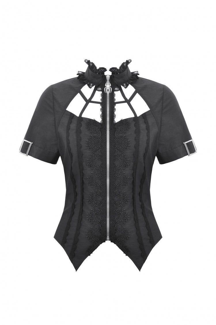 Black Stand Collar Short Sleeves Spider-Shaped Zippered Cut-Out Irregular Women's Punk Blouse - Product - 3