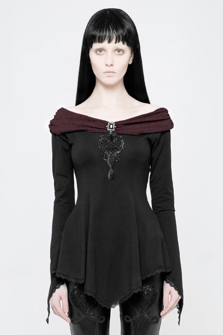 Black Bertha Neck Off Shoulder Long Sleeves Embroidery Women's Punk Blouse - Black - 1