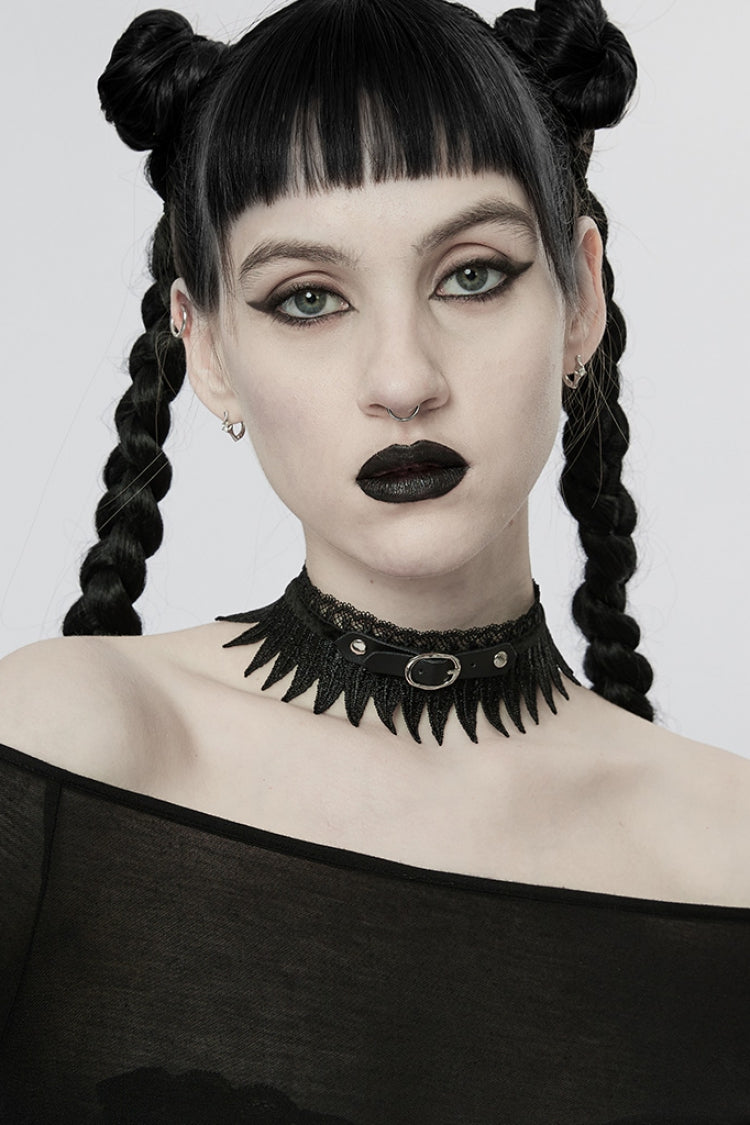 Black Adjustable Size Feather Lace Women's Gothic Choker - Black - 1