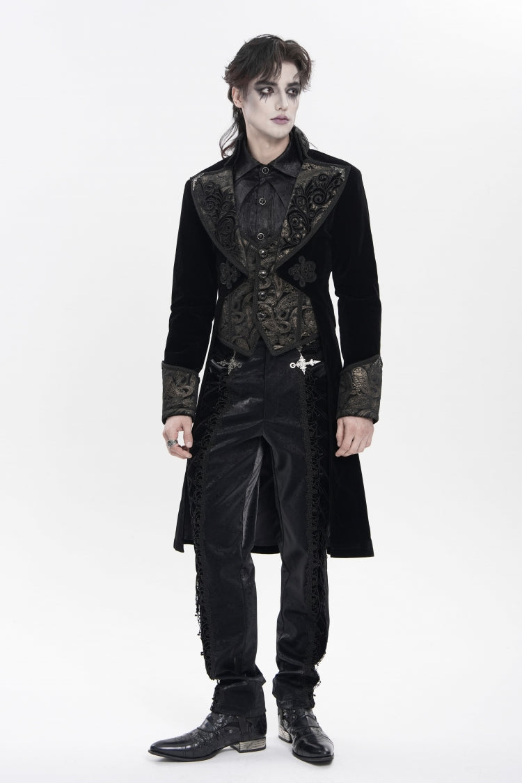 Black Lapel Collar Long Sleeves Jacquard Embroidered Slim Color-Blocked Men's Gothic Jacket - Product - 3