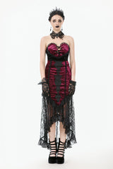 Black/Red Embroidered Velvet Spliced Lace Lace-Up Women's Gothic High/Low Maxi Skirt - Product - 5