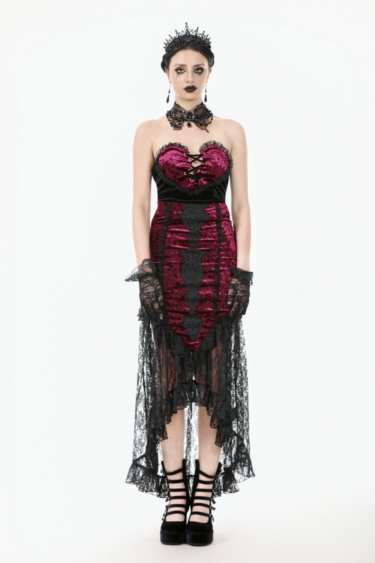Black/Red Embroidered Velvet Spliced Lace Lace-Up Women's Gothic High/Low Maxi Skirt - Product - 5