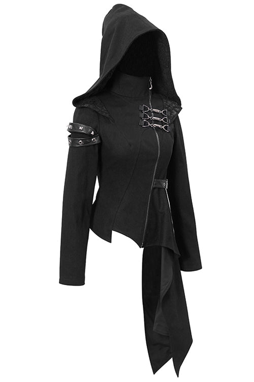 Black Hooded Asymmetrical Zipper Womens Punk Jacket - Product - 5