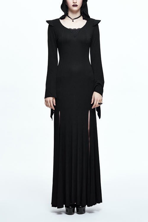 Black Sexy Stretchy Hooded Knitted Flared Sleeves Fishtail Womens Gothic Dress - Black - 1