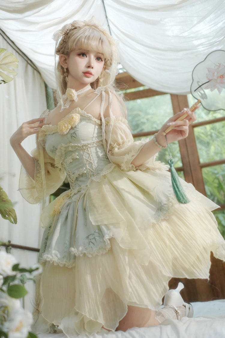 Green [Tea Bamboo Song] Sleeveless Jacquard Ruffle Bowknot Lace Irregular Sweet Chinese Style Ballet Lolita Jsk Dress Short Version Set - Green - 1