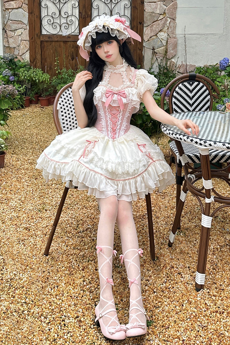 White/Pink Secret Garden Multi-layer Ruffle Bowknot Lace-Up Sweet Princess Lolita Jsk Dress - Product - 8