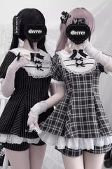 [Moonlight Whispers] Jirai Kei Rabbit Ears Doll Collar Short Sleeves Printed Ruffled Bow Lace Gothic Japanese Dress Shorts Set 2 Colors - Product - 11