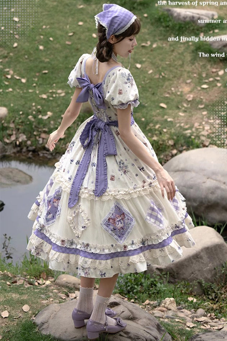 Purple/Ivory Blueberry Pie Print Short Sleeves Ruffle Bowknot Sweet Lolita Dress - Product - 6