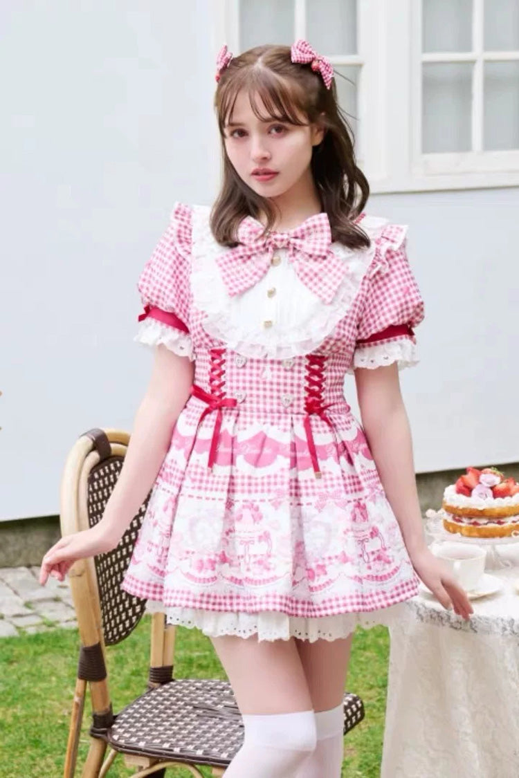[Tea Party] Lapel Collar Short Sleeves Printed Bow Lace-Up Sweet Jirai Kei Plus Size Dress 3 Colors - Product - 5