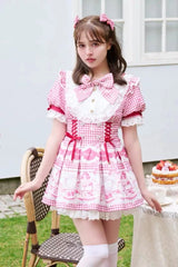 [Tea Party] Lapel Collar Short Sleeves Printed Bow Lace-Up Sweet Jirai Kei Plus Size Dress 3 Colors - Product - 5