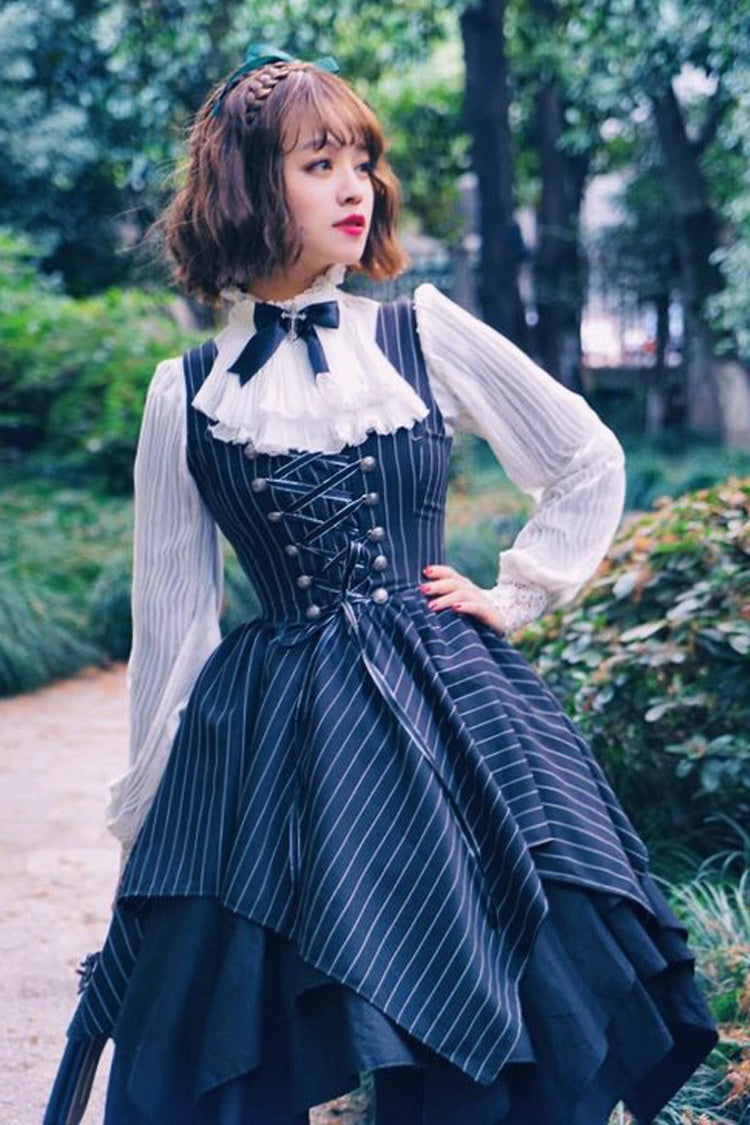 Black Sleeveless Striped Print Lace-Up Irregular Hem Gothic Lolita Dress - Product - 4