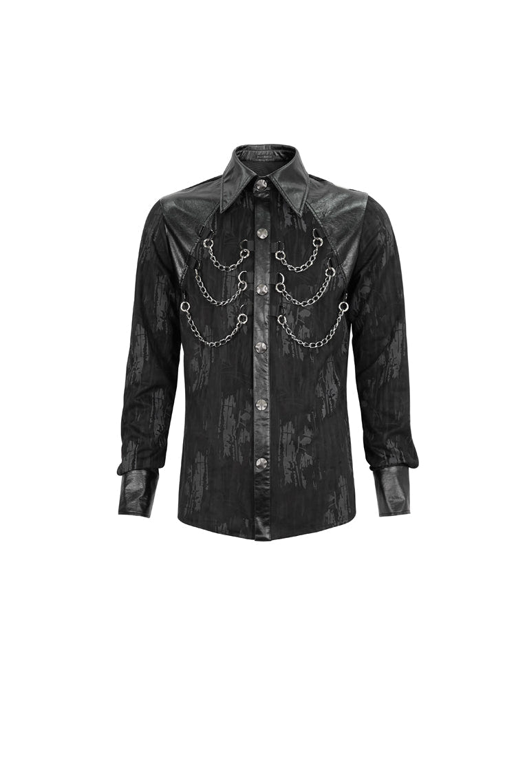 Black Ribbed Metal Chain Hand-Painted Velveteen Paneled Leather Men's Punk Shirt - Product - 5