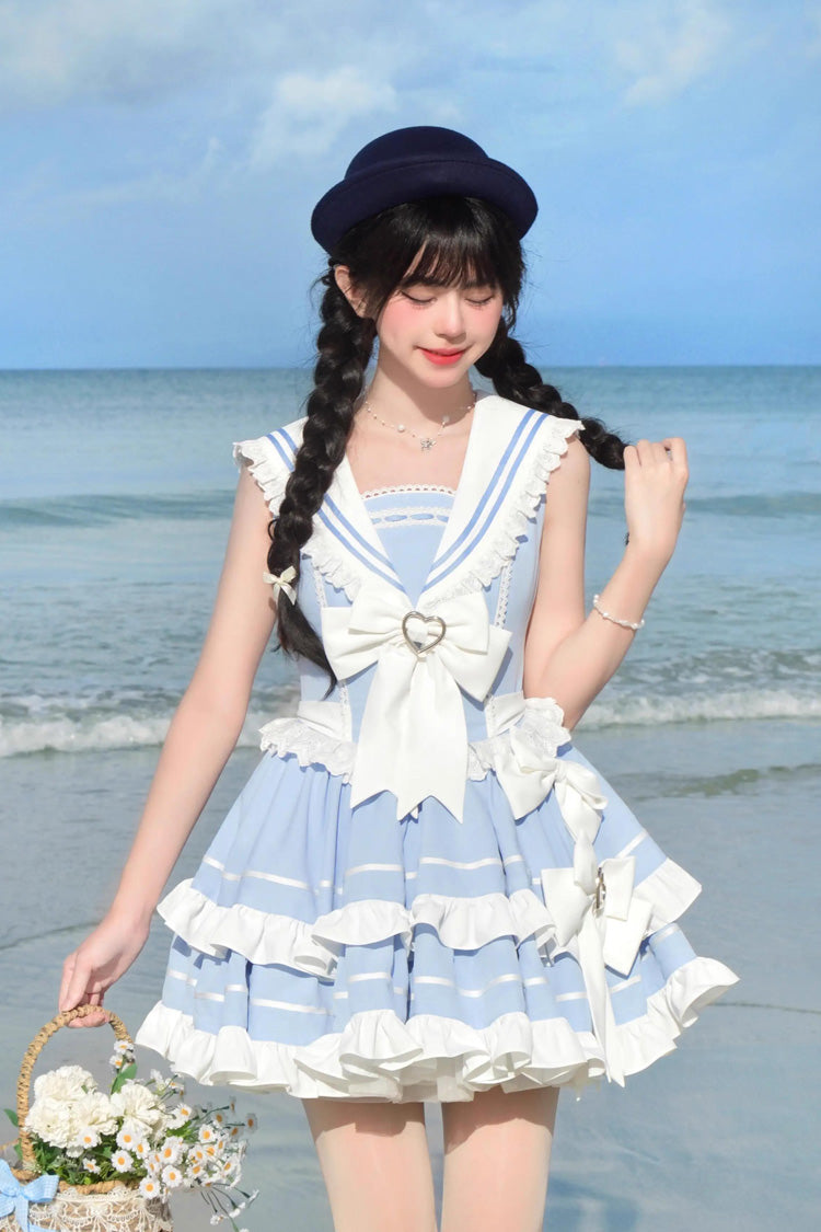 Light Blue Navy Style Sleeveless Double Layer Ruffle Bowknot Lace Sweet Lolita Dress - Product - 2