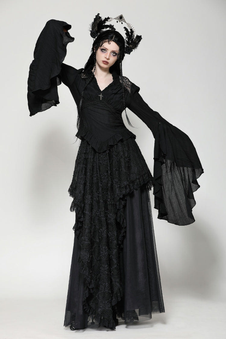 Black Ruffled V Collar Cross Ornament Long Trumpet Sleeves Pleated Women's Gothic Top - Product - 8