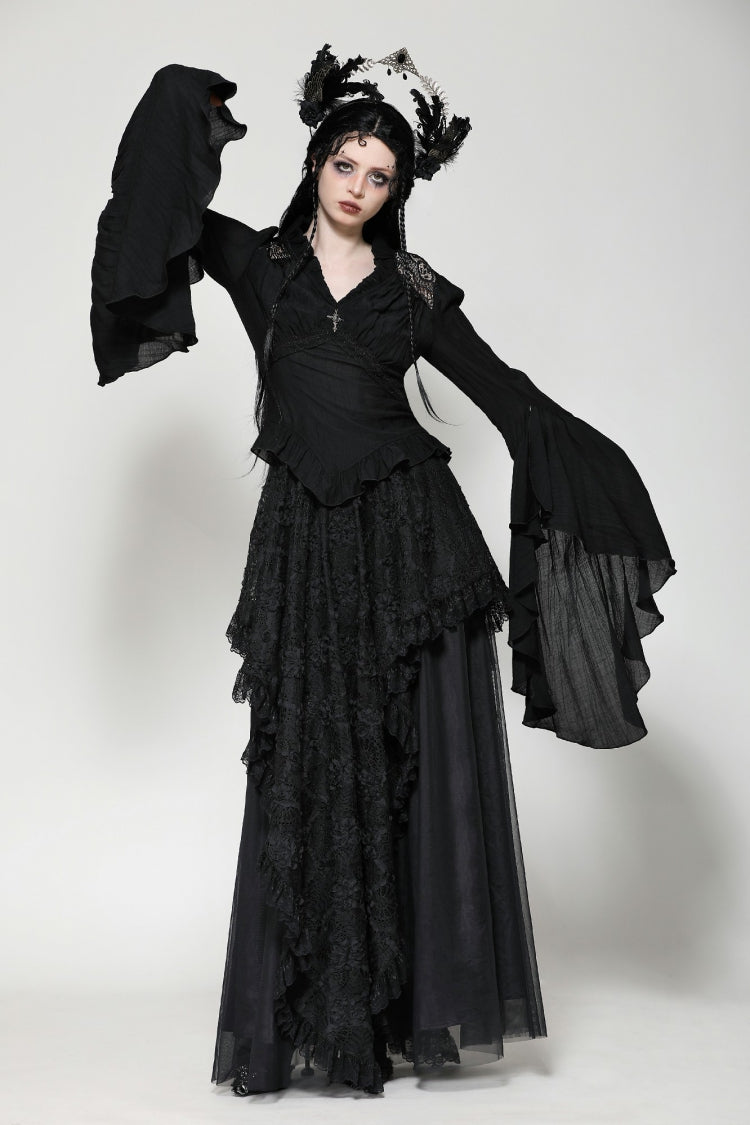 Black Ruffled V Collar Cross Ornament Long Trumpet Sleeves Pleated Women's Gothic Top - Product - 8