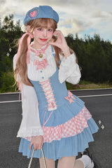 Blue/Pink [Rock Ballet] Printed Triple-Layered Ruffled Bow Lace-Up Sweet Lolita Jsk Dress - Product - 2