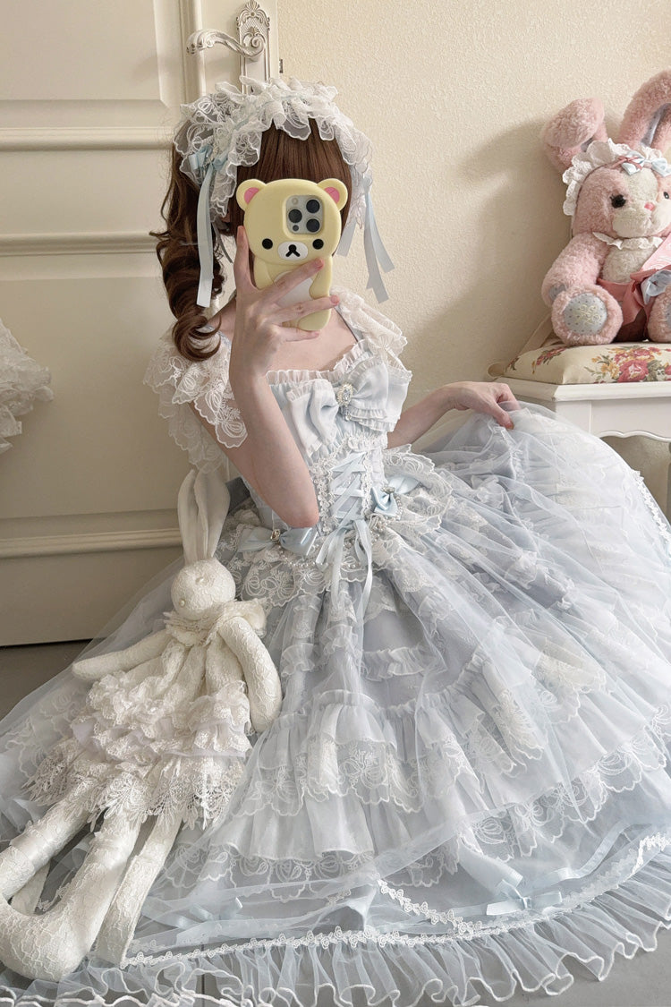 Blue [Eternal Vow] Sleeveless Multi-Layered Ruffle Hanayome Bowknot Lace Lace-Up Sweet Lolita Jsk Dress - Product - 5
