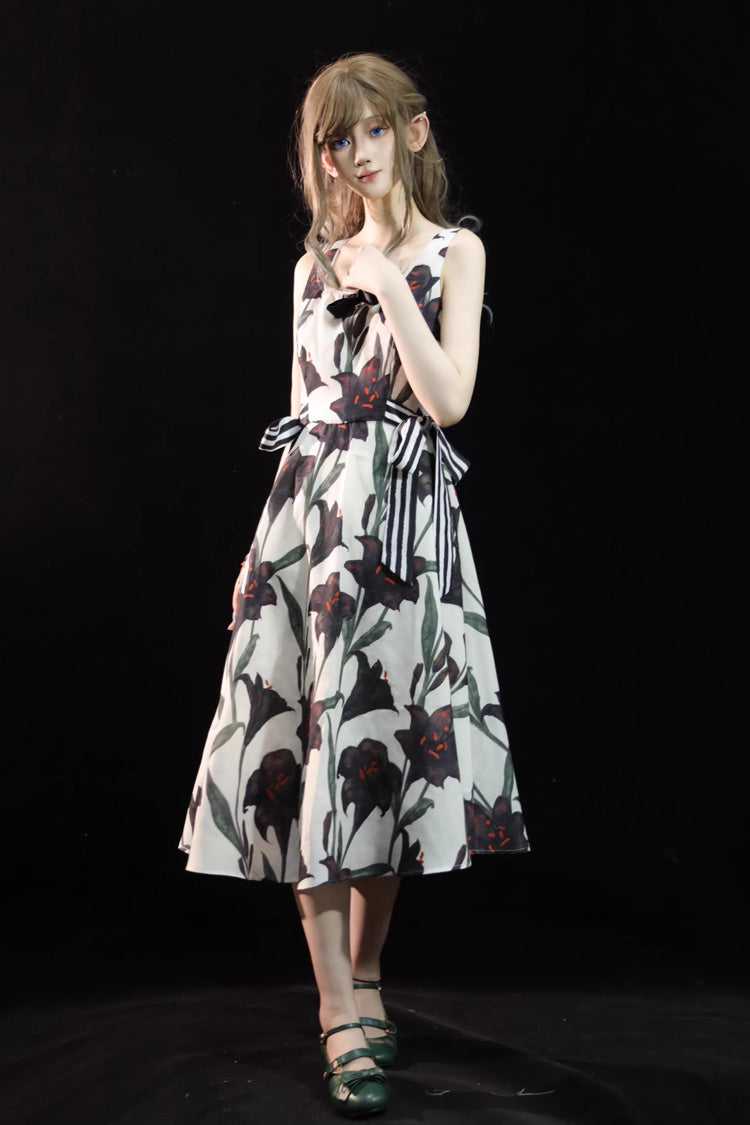 Ivory Square Collar Sleeveless Black Lily Printed Bow Gothic Lolita Jsk Dress - Product - 4