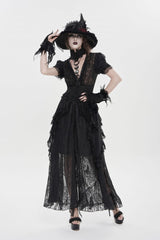 Black V Collar Short Sleeves Hanayome Lace Women's Gothic Wedding Dress - Black - 1
