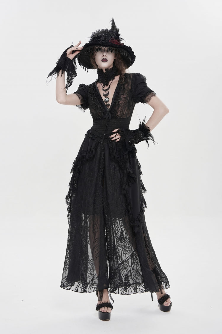 Black V Collar Short Sleeves Hanayome Lace Women's Gothic Wedding Dress - Black - 1