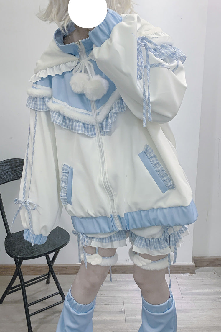 White/Blue [Sweet Star Bear] Long Sleeves Ruffle Hooded Japanese Jirai Kei Sports Coat - Product - 5