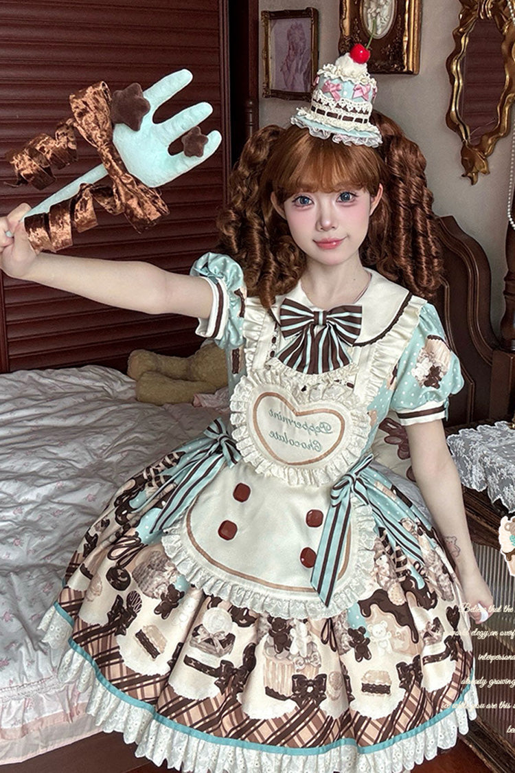 Brown [Peppermint Chocolate] Chocolate Cake Bear Print Ruffle Bowknot Lace-Up Sweet Lolita Dress - Product - 8