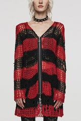 Long Sleeves Striped Print Zipper Irregular Ripped Women's Steampunk Sweater 4 Colors - Black/Red - 9