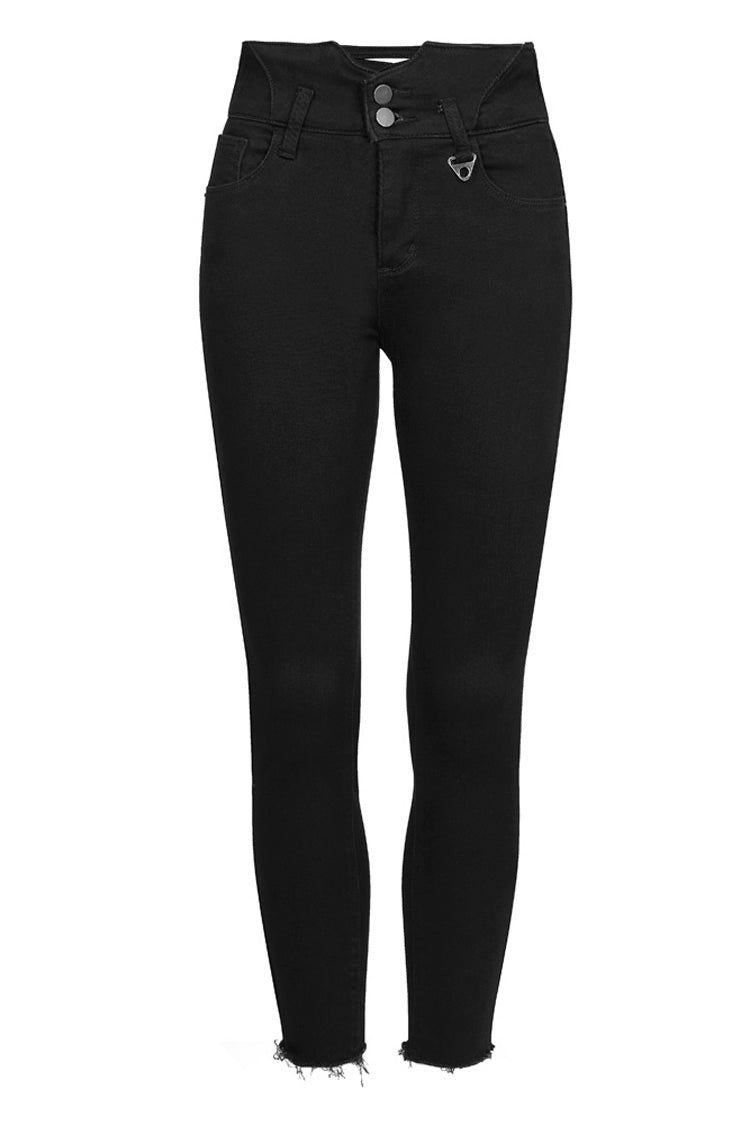 Black Triangular Metal Decorative Sheet Back Crossed Straps Tight Fit Punk Women's Denim Pants - Product - 5