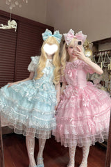 Blue [Lotus Butterfly Heart] Multi-Layered Ruffle Hanayome Bowknot Lace Sweet Lolita Jsk Dress - Product - 7