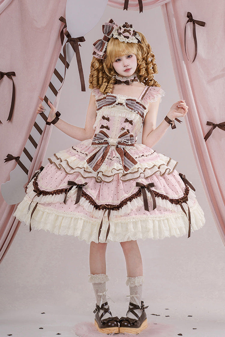 Pink [Shengqiao Tata] Sleeveless Print Ruffle Bowknot Lace-Up Sweet Elegant Lolita Jsk Dress - Product - 22