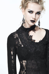 Black Asymmetric Lace Woolen Splice Rose Mesh Chest Hollow Applique Hem Women's Gothic Sweater - Product - 8
