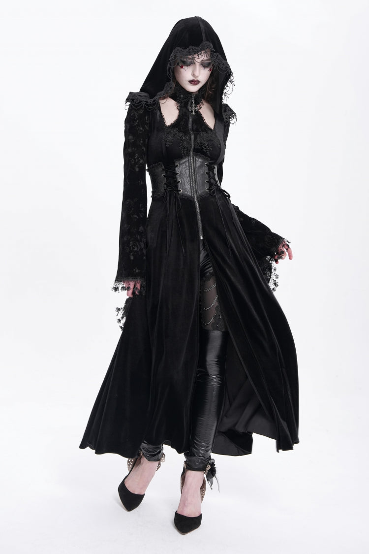 Black Long Sleeves Hollow Embroidery Hooded Ripped Women's Gothic Dress Coat - Product - 9