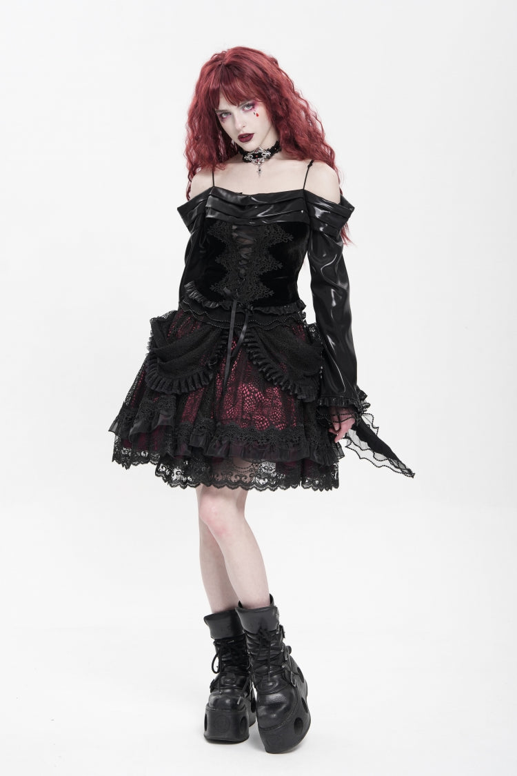 Black/Red Multi-Layered Ruffle Buckle Straps Women's Gothic Skirt - Product - 7