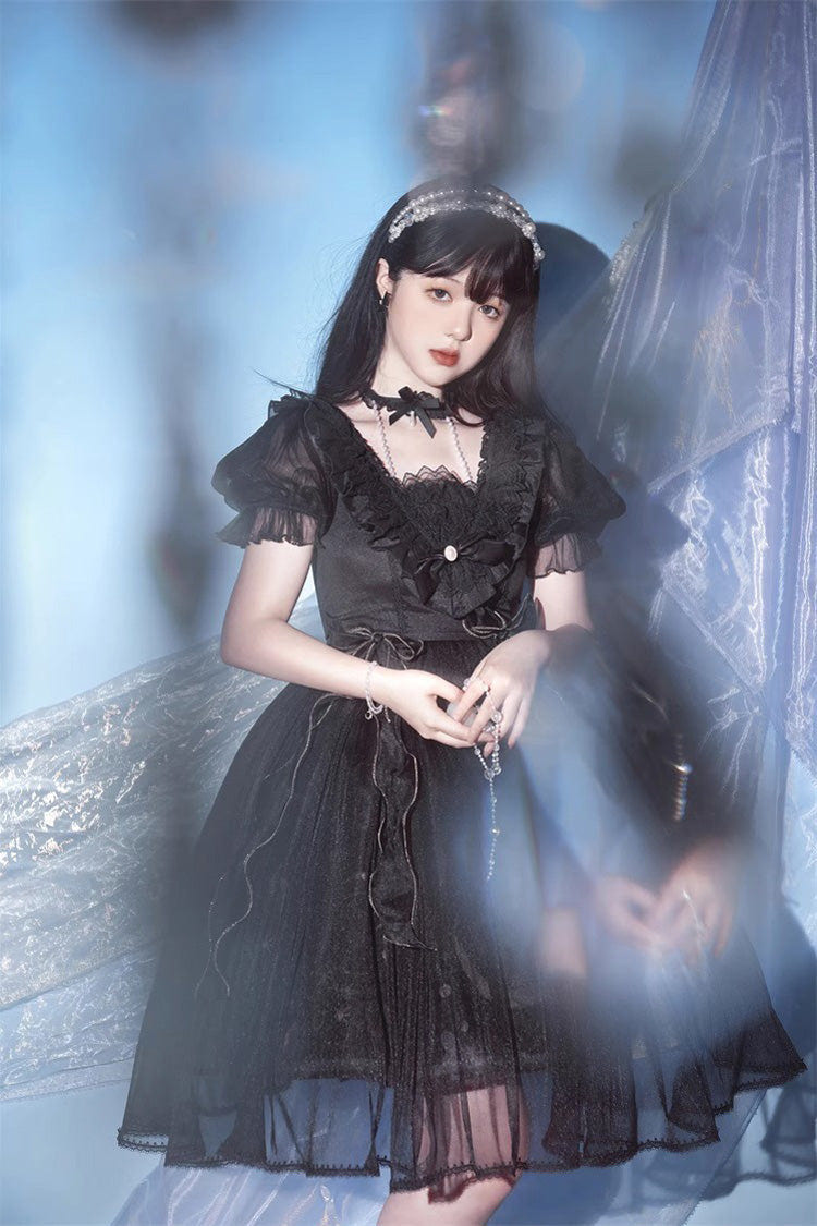 Black High Waisted Planet Butterfly Print Ruffle Lace Gothic Lolita Dress - Product - 17