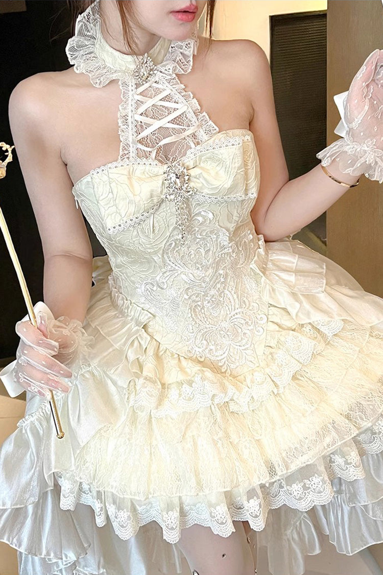 Ivory [Eternal Temple] Halterneck Ruffle Bowknot Lace Sweet Princess Lolita Dress - Product - 3