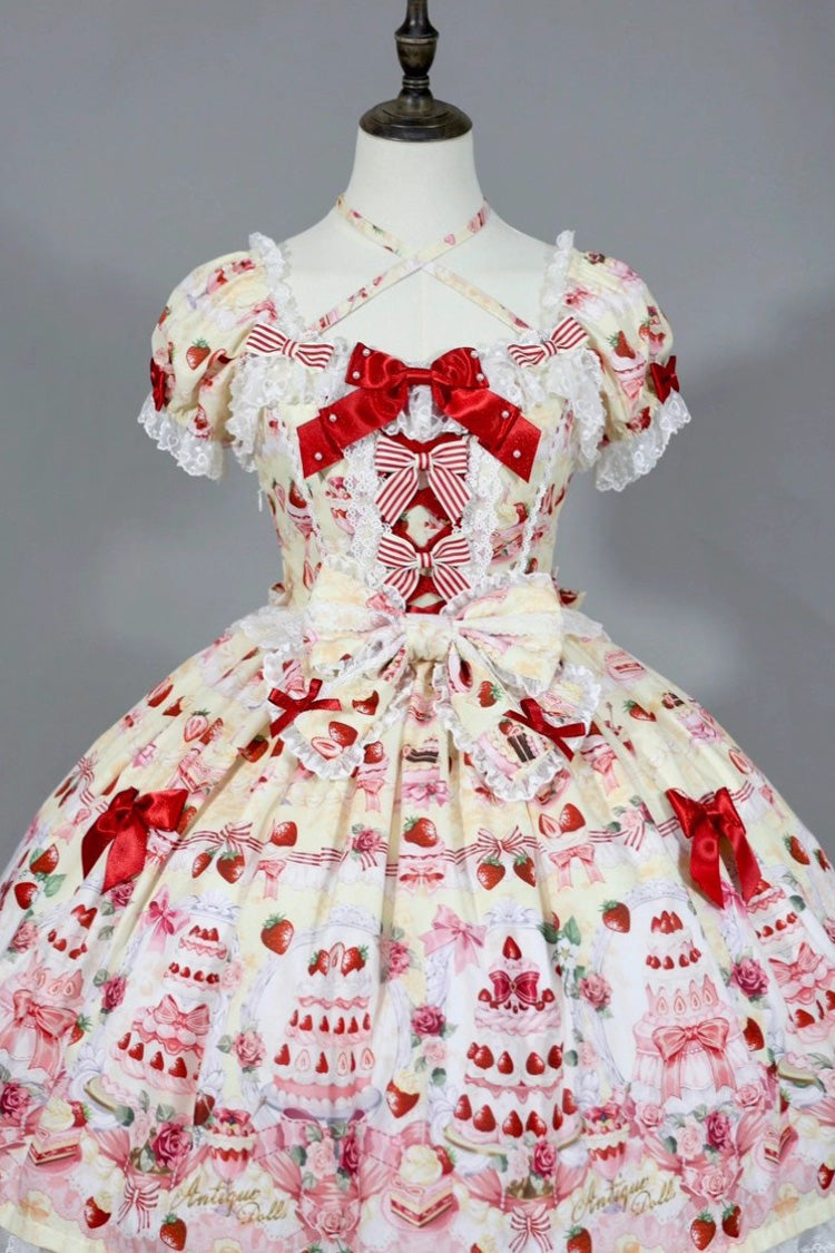 [Strawberry Cake Bouquet] Print Square Collar Short Sleeves Bowknot Lace Sweet Lolita Dress 3 Colors - Yellow - 4