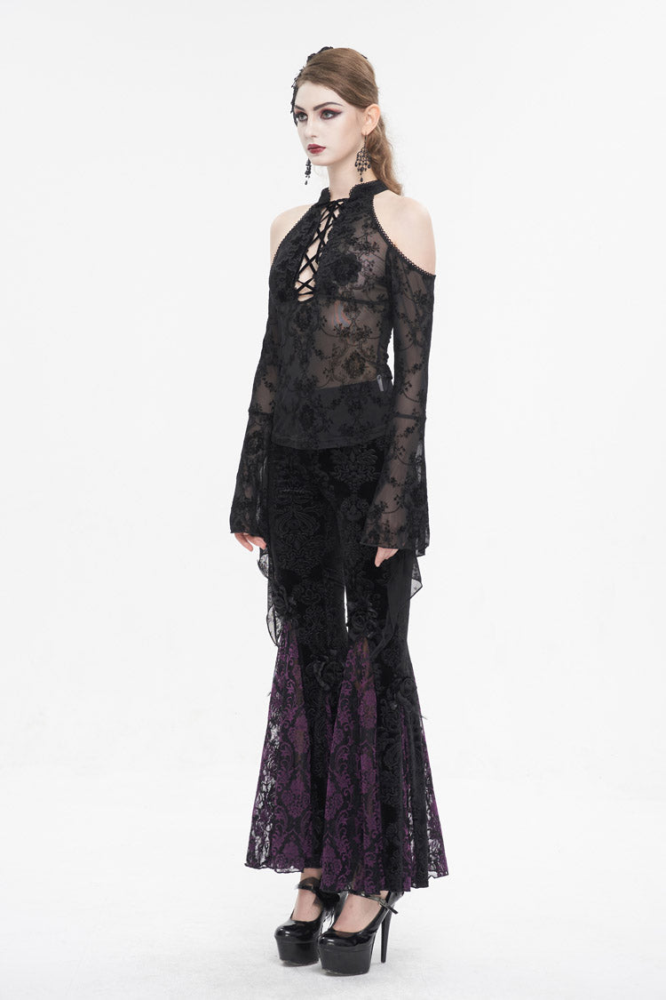 Black Off Shoulder Flared Sleeved Lace Mesh Women's Gothic Shirt - Product - 6