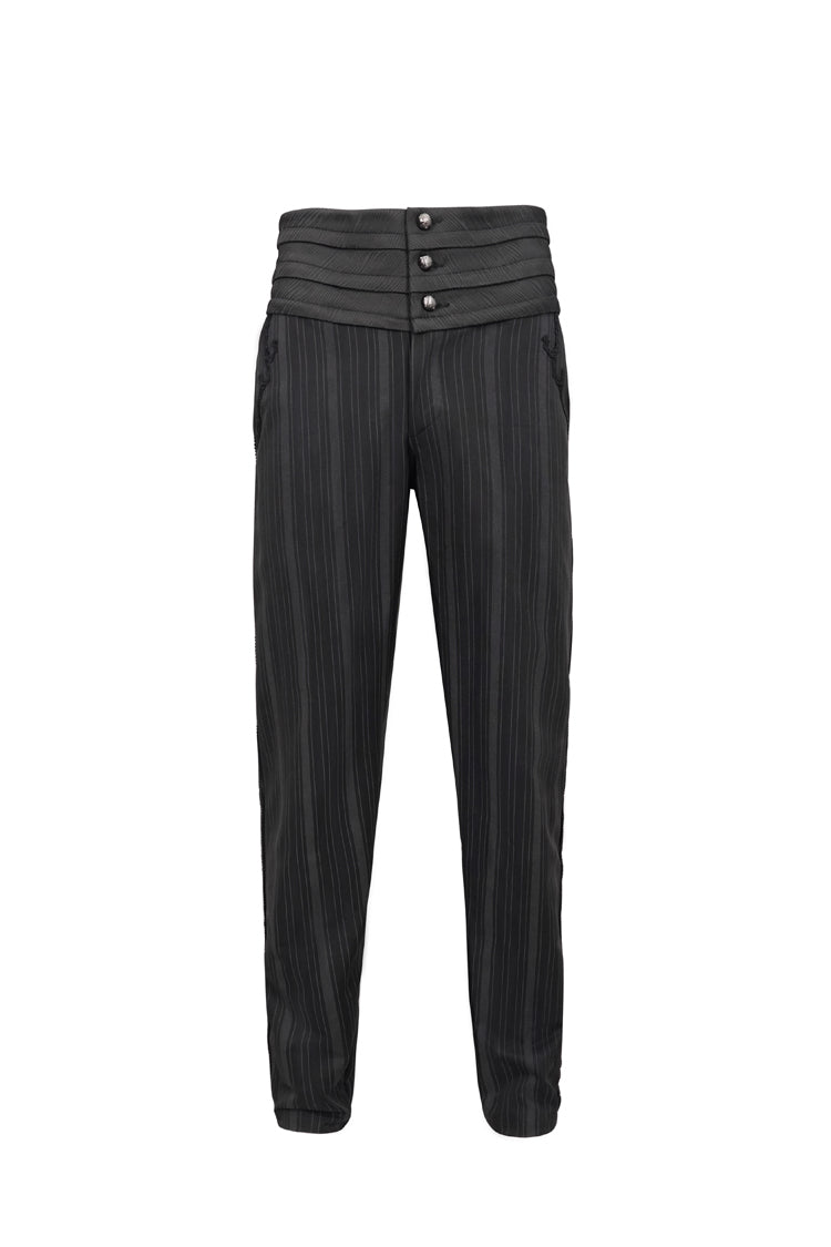 Black Retro Mid High Waist Micro Elastic Striped Woven Stitching Three Dimensional Jacquard Men's Gothic Trousers - Product - 5