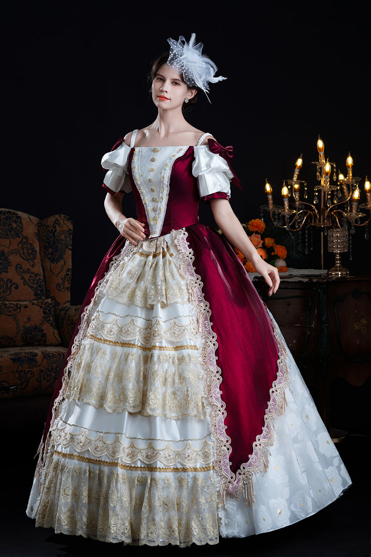 Red/Apricot Off Shoulder Short Sleeves Ruffle Cardigan Bowknot Lace Classic Princess Palace Lolita Victorian Dress - Product - 4