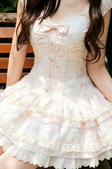 Sweet Square Collar Sleeveless Ruffled Embroidered Bow Lace Boned Lolita Dress 3 Colors (Pink, Green, Blue) - Product - 3
