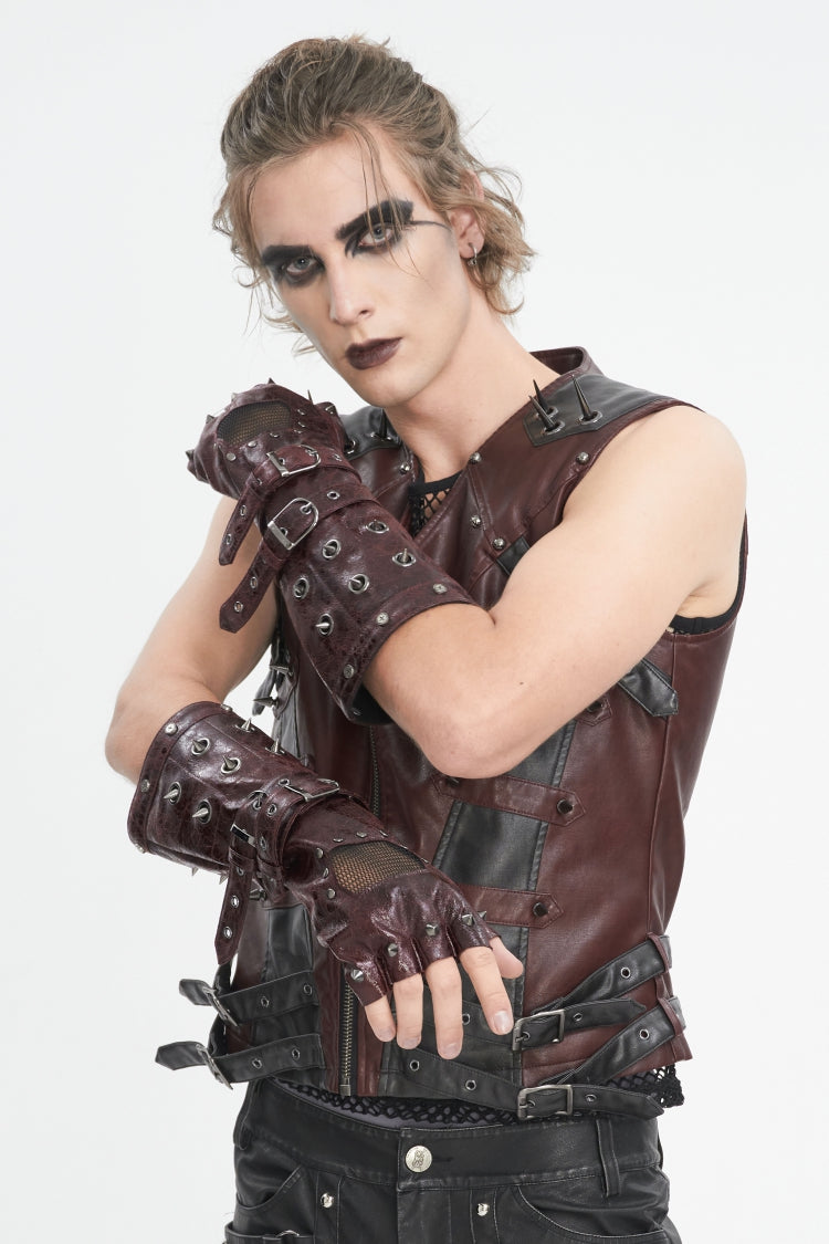 Red Spliced Mesh Studded Buckled Men's Gothic Accessory Half-finger Gloves - Product - 6