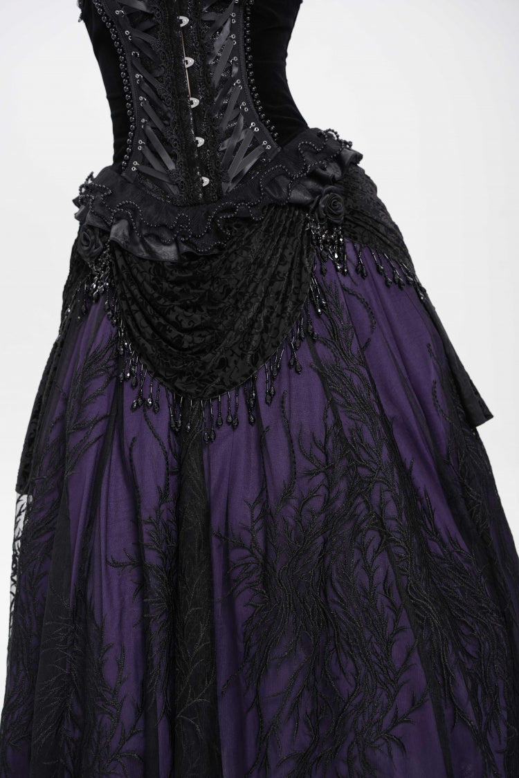 Black/Purple Floral Embroidered Beaded Women's Gothic Long Skirt - Product - 6