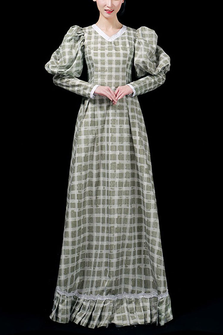 Dark Green Long Sleeves Plaid Print High Waisted Ruffled Victorian Lolita Prom Dress - Dark Green - 1