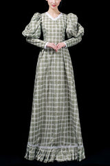 Dark Green Long Sleeves Plaid Print High Waisted Ruffled Victorian Lolita Prom Dress - Dark Green - 1