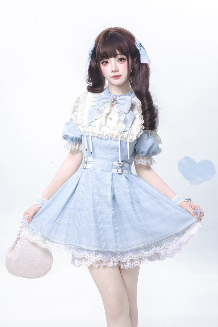 Blue/Aqua Short Sleeves Plaid Printed Ruffled Lace Sweet Jirai Kei Japanese Lolita Dress - Product - 2