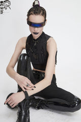Black Stand Up Collar Sleeveless Flocked Printed Mesh Metal Women's Punk Vest - Product - 6