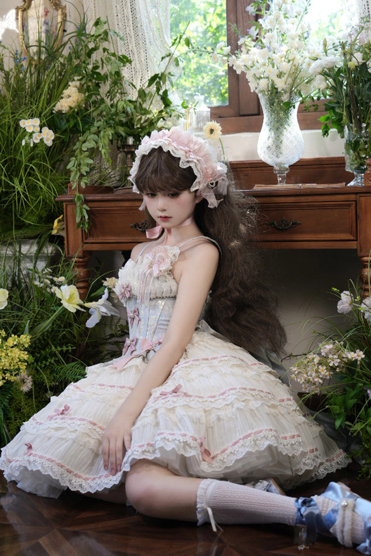 Blue/Apricot [Sea Salt Souffle] Sleeveless Multi-Layered Bowknot Lace Sweet Ballet Lolita Jsk Dress - Product - 5