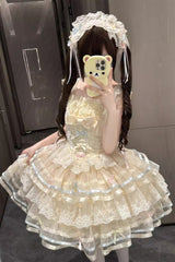Apricot [Butterfly Heart Ballet] Triple-Layered Ruffle Bowknot Lace Sweet Ballet Lolita Jsk Dress - Apricot - 1