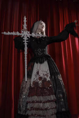 [Heretical Nun] Sleeveless Multi-Layered Printed Ruffled Open-Front Gothic Plus Size Lolita Strap Dress Long Version 2 Colors - Product - 13
