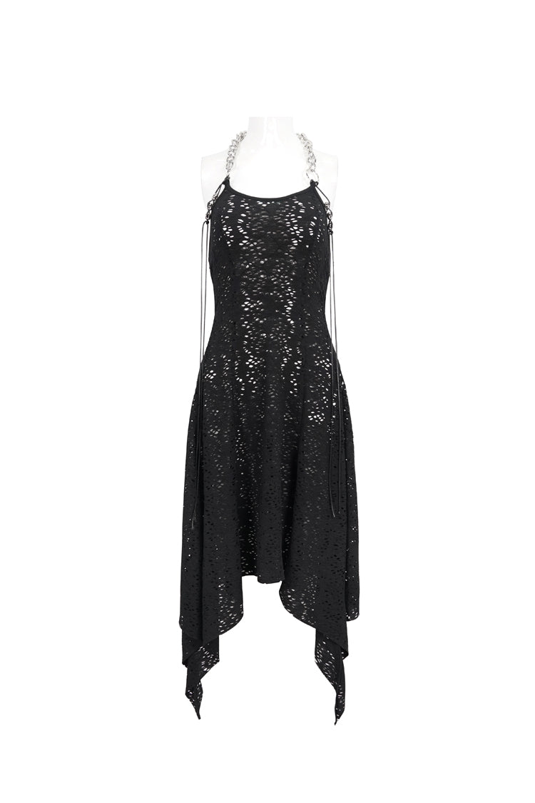 Black Irregular Pattern Wool Metal Chain Halter Neck Backless Women's Punk Dress - Product - 6